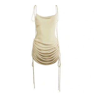 Moodie Women’s Satin Cowl Neck Ruched Mini Dress in Ivory Size M